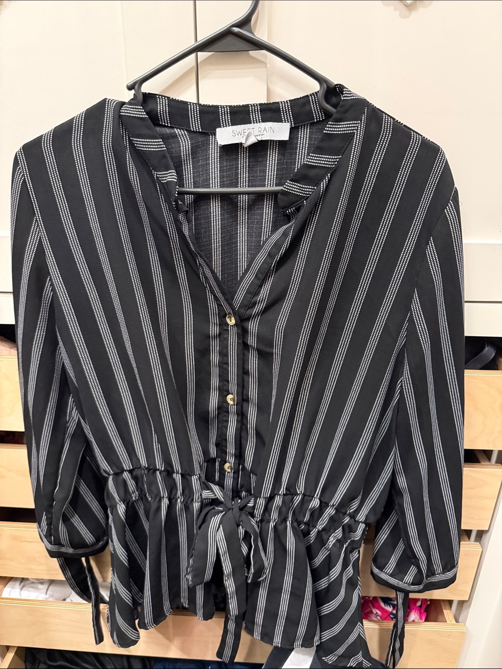 Sweet Rain Black and White Striped Drawstring Blouse